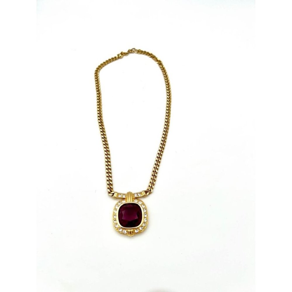Monet Amethyst Glass Statement Gold Tone Necklace With Rhinestones 16” - Picture 1 of 6